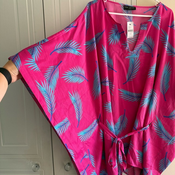 Pink and Blue Leaf Print Relaxed Split-Neck Kimono Top Lane Bryant 22/24 NWT - Picture 4 of 8